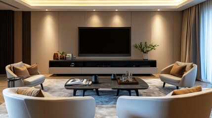 Sophisticated living room featuring a clean-lined TV console, ambient light sources, soft curved chairs, and contemporary decor elements.