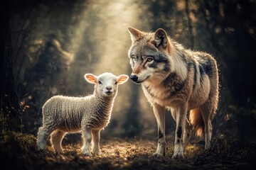 Obraz premium Heartwarming Encounter Between a Playful Lamb and a Majestic Wolf in a Mystical Forest Setting, Capturing the Essence of Nature's Unlikely Friendships and Harmony