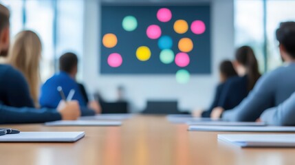 The projector screen has a lot of colorful dots on it