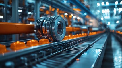 Naklejka premium Progress Towards Eco-Friendly Manufacturing: Close Up of Large Factory with Energy-Saving Equipment and Transition Indicators