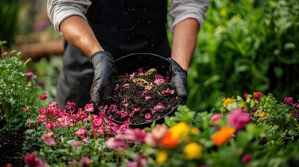Fototapeta premium Sustainable Farming Practices - Farmer Making Compost from Kitchen Waste for Organic Garden Enrichment