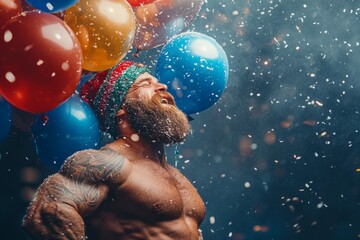 Bodybuilder wearing christmas hat enjoying winter holidays with colorful balloons and artificial snow