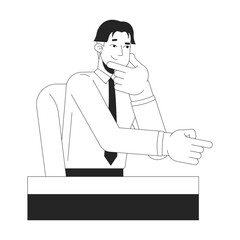 Thoughtful employee giving ideas at desk black and white 2D line character. Korean man office worker finger pointing. Mentor recommend isolated vector outline person. Monochromatic spot illustration