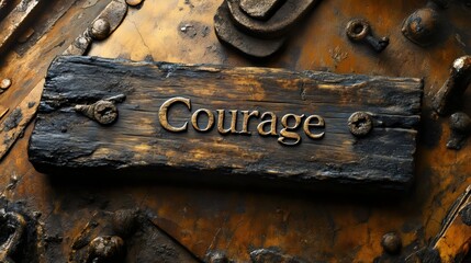 A wooden sign with the word Courage written on it