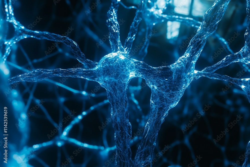 Poster intricate network of neurons in a glowing blue color scheme representing human brain connectivity an