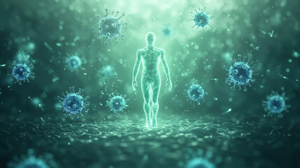 Fototapeta premium glowing figure surrounded by floating virus particles in surreal environment