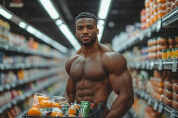 Bodybuilder choosing healthy food products while shopping inside a grocery store