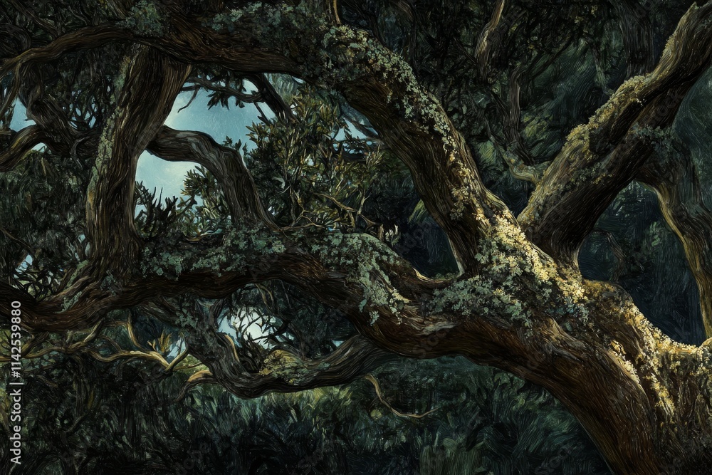 Poster intricate patterns of twisted tree branches surrounded by lush greenery in a forest environment illu