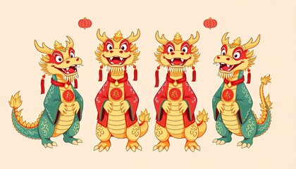 Obraz premium Dragon Celebrates Chinese New Year - New Year Card with Dragon - Chinese Dragon On The Wall - Dragon in Cheongsam