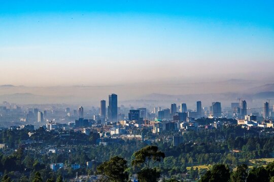 Addis Ababa in Ethiopia viewed from a distant mountain in the morning