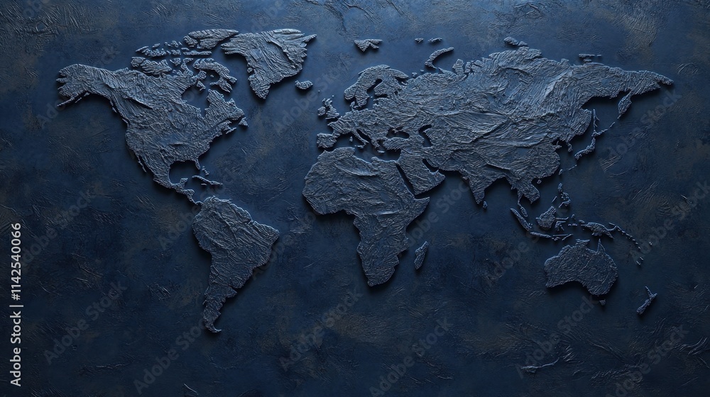 Poster textured world map in dark blue tones on a rustic background