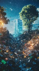 City building behind large pile of garbage at night.