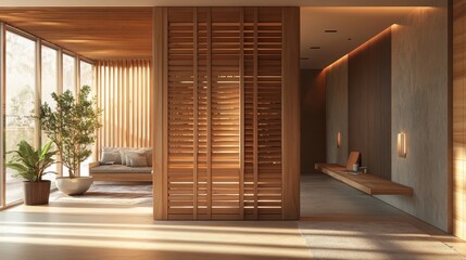 Obraz premium The surreal design of the entrance to the modern apartment is equipped with customized pine room partitions, vertical wooden strips, and minimalist design highlighting natural wood grain.