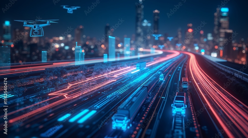 Poster a glowing holographic digital dashboard displaying logistic travel data for improved delivery operat
