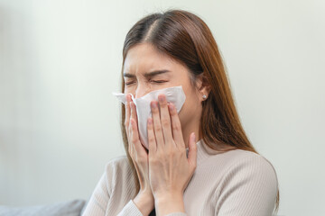 Female unhealthy Sickness, asian young woman, girl unwell and coughing, have cold, sore throat...