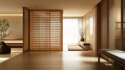 The surreal design of the entrance to the modern apartment is equipped with customized pine room partitions, vertical wooden strips, and minimalist design highlighting natural wood grain.