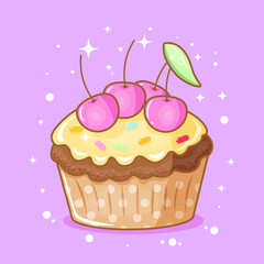 Vector design of a cupcake with cherries with colored sprinkles