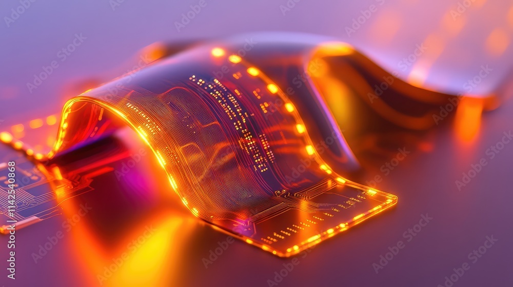 Poster a flexible microchip with glowing lines forming organic shapes, set against a gradient background to