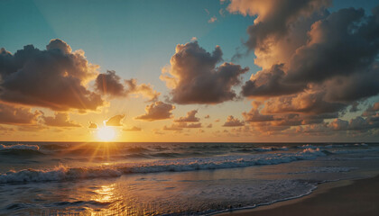 Obraz premium Stunning sunset over ocean with dramatic clouds and golden light reflecting on water
