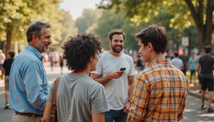 Group of laughing friends engaging in conversation in a vibrant outdoor setting