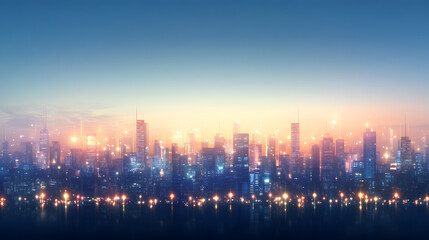 Cityscape at dusk with glowing street lights and skyscrapers illuminating skyline