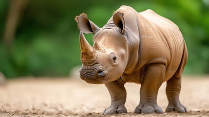 Obraz premium A baby rhino is standing in the dirt with its head up