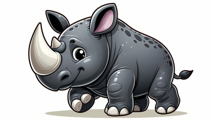 Fototapeta premium Adorable cartoon rhinoceros cheerfully trotting, showcasing its playful character and rounded features.