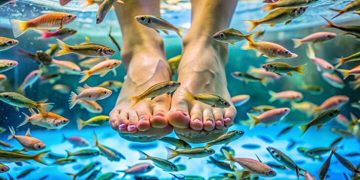 Doctor Fish Spa Treatment: Relaxing Fish Pedicure Foot Care, Close-up Healthy Feet, Natural Fish Therapy