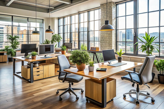 Modern open plan office with large windows, wooden desks, plants, and ergonomic chairs.