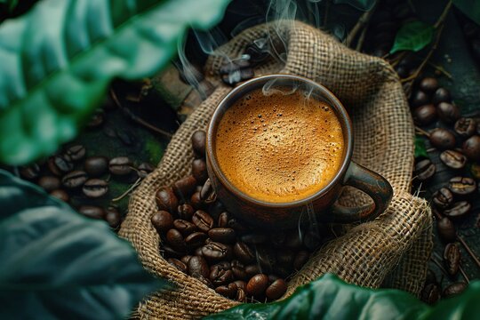 Cup of hot coffee with roasted coffee beans and powder with coffee tree background