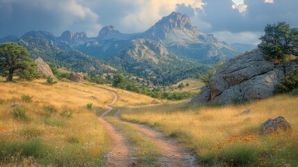 Scenic mountain landscape with a winding path through grassy fields and rocky formations.