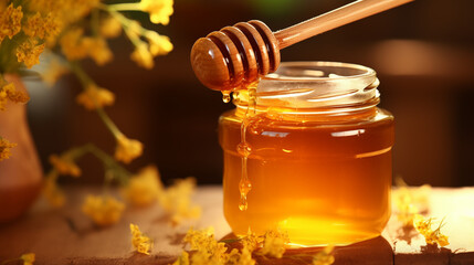 honey in a jar on wooden background