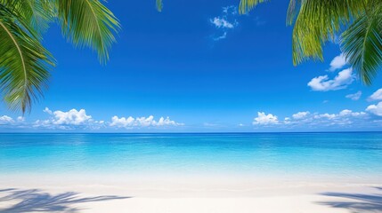 A beautiful blue ocean with palm trees in the background