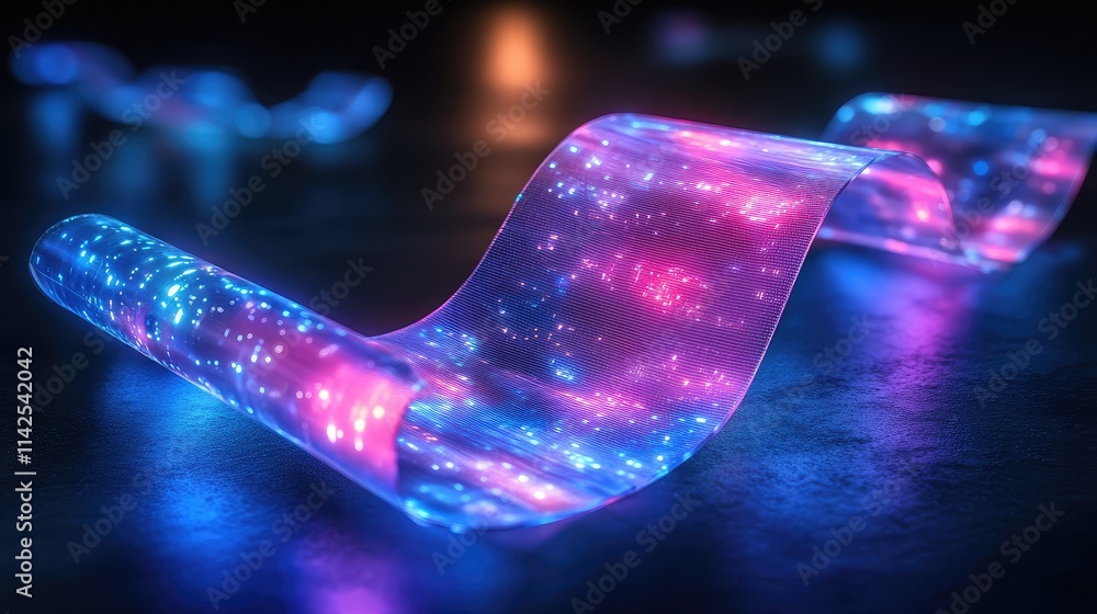 Poster a flexible microchip with translucent material, bending at an angle and illuminated by soft holograp