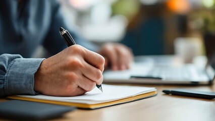 Close up of woman hand with a pen writing on notebook with laptop computer on office table. Business woman planning, making a note reminder. Student studying online, e-learning