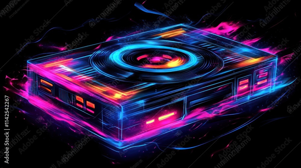 Poster a neon-colored, futuristic representation of a digital device with glowing elements.