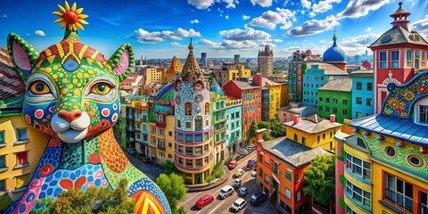 Fototapeta premium Doodle Animals Architectural Photography: Cute Creature Designs on Buildings, Urban Wildlife Illustrations