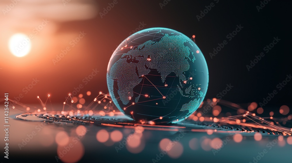 Poster a dark background with a wireframe earth model at the center, surrounded by radiating lines and data