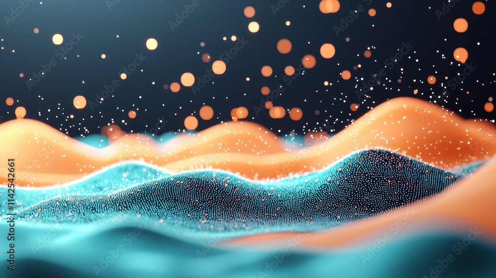 Poster Abstract multicolored waves and particles flowing across a dark background, symbolizing big data and complex information networks.