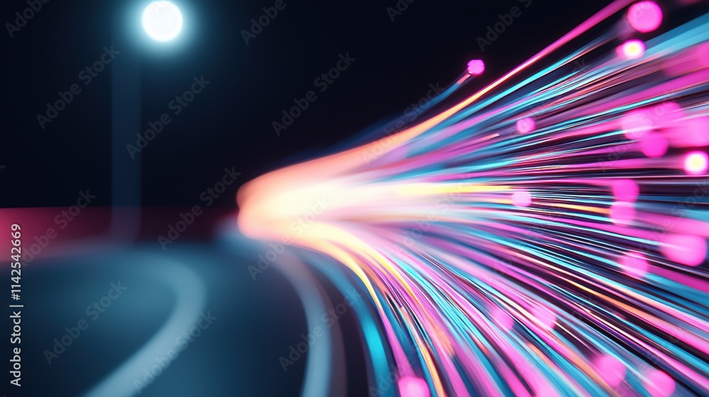 Poster a black background with vibrant streaks of light, representing high speed data transfer and digital 