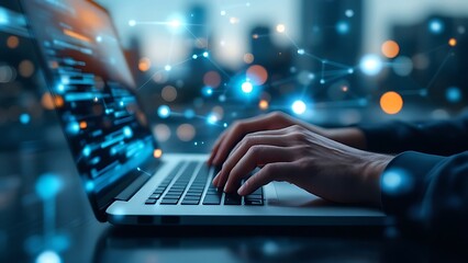 Digital technology, internet network connection, big data, digital marketing IoT internet of things. Man using modern computer surfing internet futuristic innovative technology background