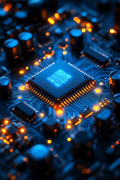 Close-up of a glowing microchip on a circuit board, illustrating advanced technology and electronic innovation.