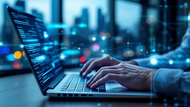 Digital technology, internet network connection, big data, digital marketing IoT internet of things. Man using modern computer surfing internet futuristic innovative technology background
