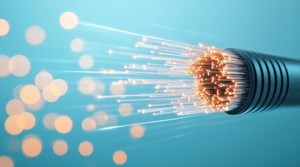 A close up shot of a fiber optic cable with light trails emanating from the core, representing the speed and efficiency of fiber optic data transmission.