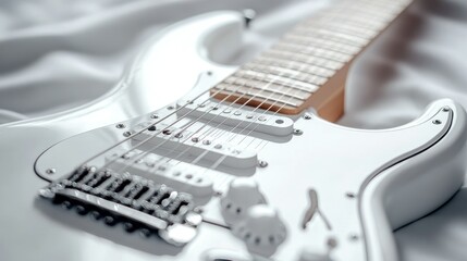 A close-up of a white electric guitar resting on a soft surface.