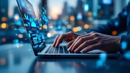 Digital technology, internet network connection, big data, digital marketing IoT internet of things. Man using modern computer surfing internet futuristic innovative technology background