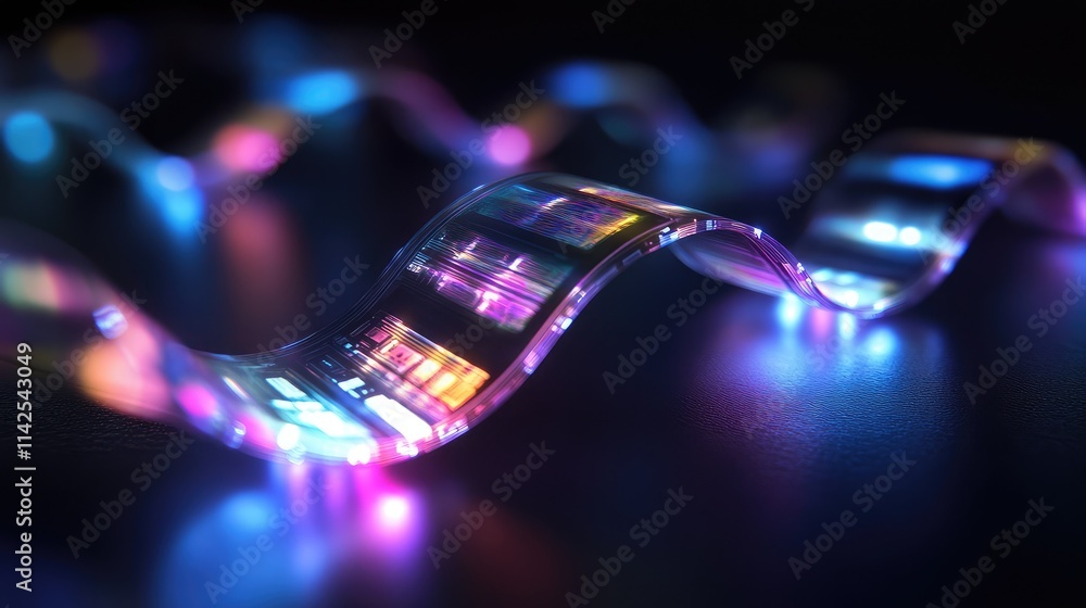 Poster a flexible microchip with translucent material, bending at an angle and illuminated by soft holograp