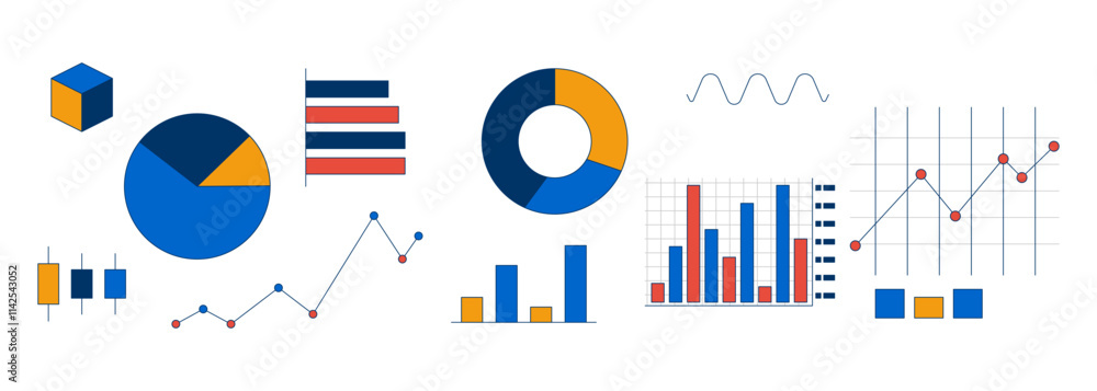 Poster data visualization charts 2d cartoon objects set. piechart, bar graphs, scatter plots. trend analysi