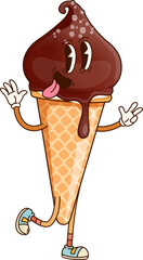 Groovy ice cream cone character with chocolate swirl, playful expression and sneakers. Cartoon vector whimsical and fun-loving retro personage conveys joy and funky vibes for themes of summer dessert