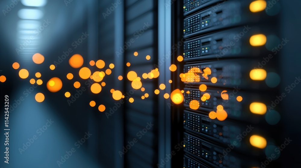 Poster a massive server room with rows of powerful servers, blinking leds, and a complex network of cables,